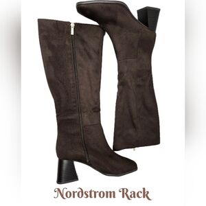 Nordstrom Rack Womens Knee High Heel Boots Sz 6.5M Faux Brown Suede Stretch Calf